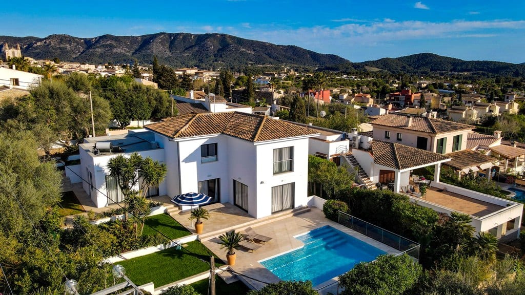 side drone photo to this country home in the heart of Calvia village, mallorca with amazing views