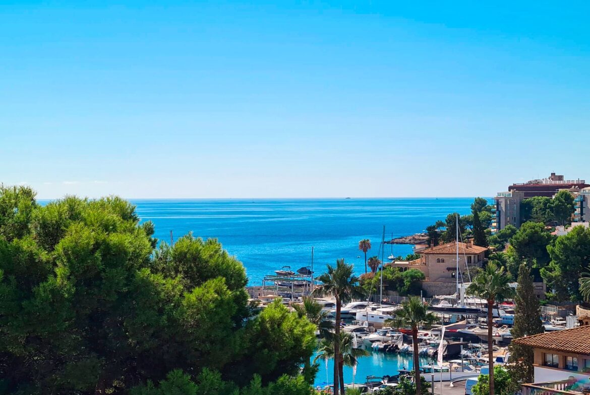 An image of a sea view penthouse in Sant Agustin, offering breathtaking panoramic views of the Mediterranean Sea. The penthouse features a modern, open-plan design with large floor-to-ceiling windows that maximize the stunning coastal scenery. A spacious private terrace extends from the living area, perfect for enjoying the sea breeze and the view. The elegant interior boasts high-end finishes, creating a luxurious and comfortable space in this exclusive seaside location.