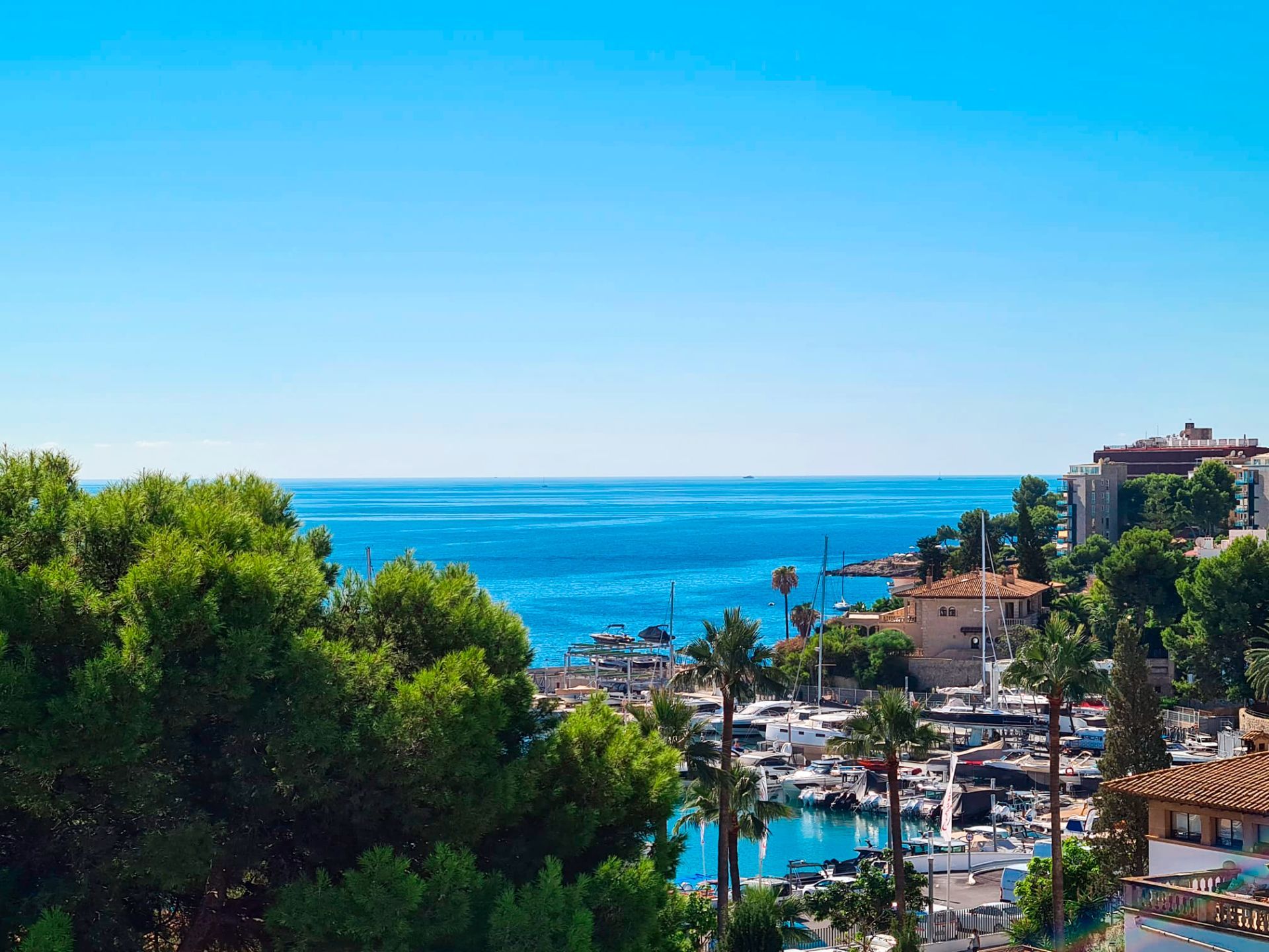 An image of a sea view penthouse in Sant Agustin, offering breathtaking panoramic views of the Mediterranean Sea. The penthouse features a modern, open-plan design with large floor-to-ceiling windows that maximize the stunning coastal scenery. A spacious private terrace extends from the living area, perfect for enjoying the sea breeze and the view. The elegant interior boasts high-end finishes, creating a luxurious and comfortable space in this exclusive seaside location.