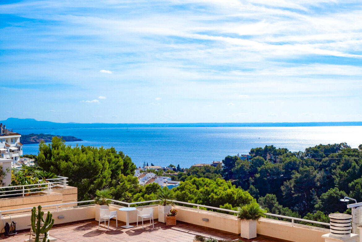 An image of a spacious sea view apartment in Cas Català, featuring a bright and open interior with large windows that showcase stunning views of the Mediterranean Sea. The apartment is designed with modern elegance, offering ample living space and a seamless flow between rooms. A private terrace extends from the living area, providing the perfect spot to enjoy the breathtaking coastal scenery. The tranquil atmosphere and stylish decor make this apartment an ideal retreat by the sea.