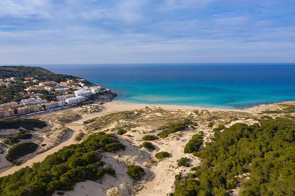 Aerial view of Cala Mesquida beach and dunes