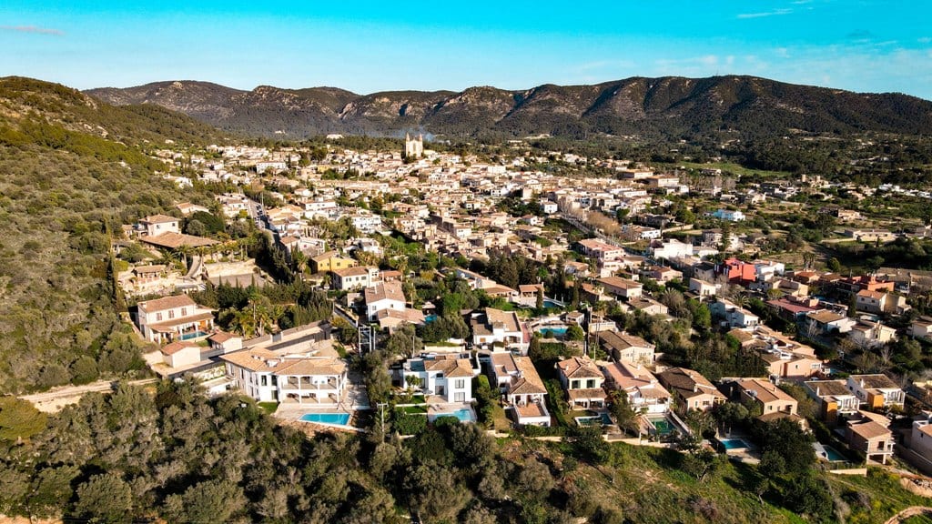 arial drone photo to this country home in the heart of Calvia village, mallorca with amazing views