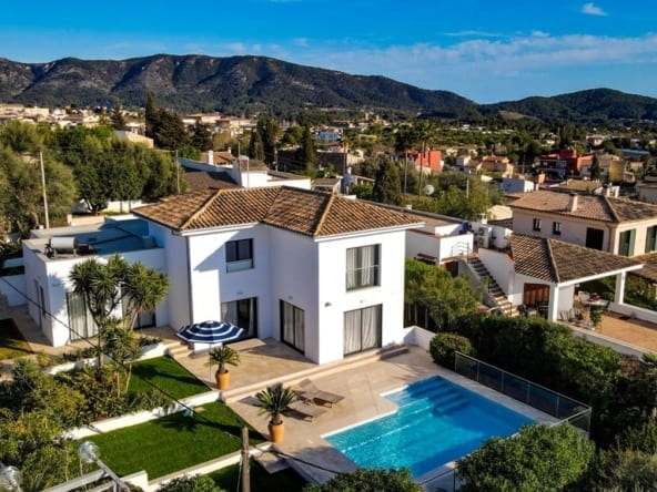 side drone photo to this country home in the heart of Calvia village, mallorca with amazing views